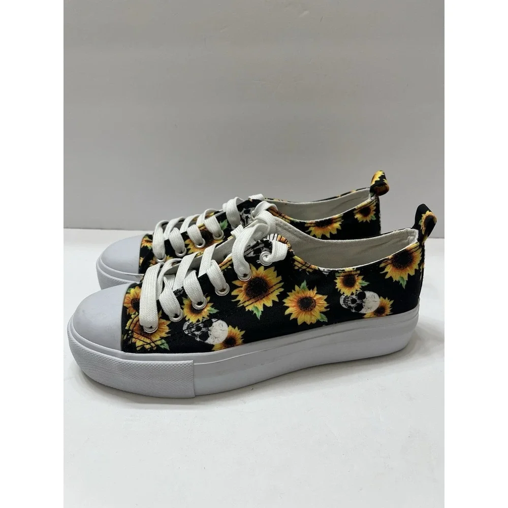 Hot Topic Women's Sunflower Skull Platform Low Top Canvas Sneakers Shoes Size 8